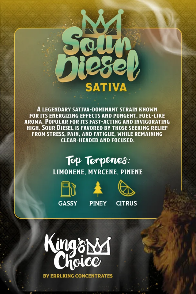 King's Choice Sour Diesel strain card: Sativa, top terpenes Limonene, Myrcene, Pinene